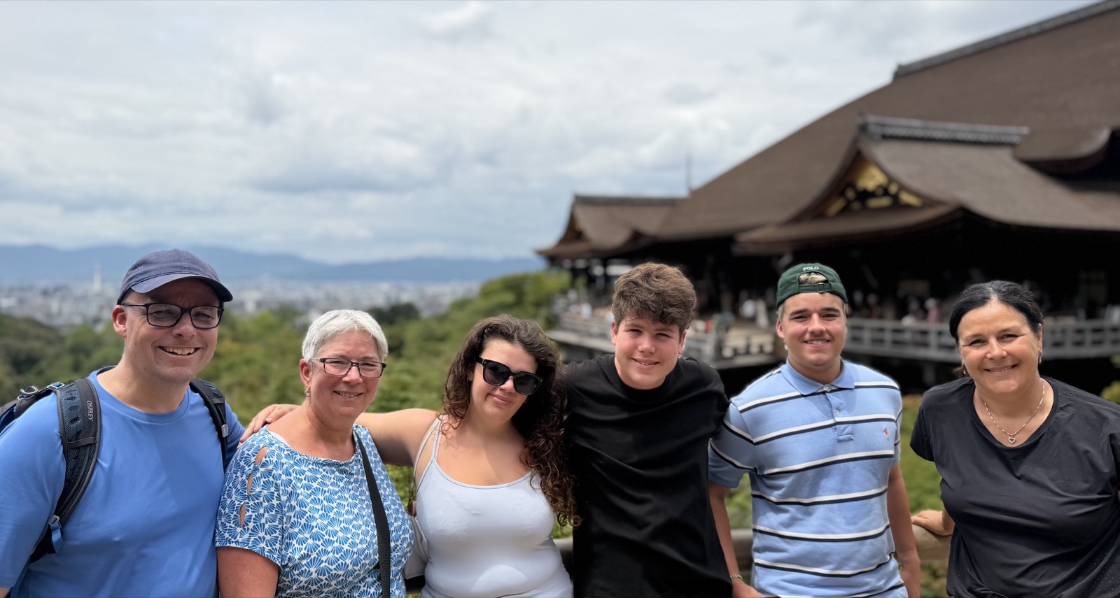 Six guests with a temple and Kyoto in the background